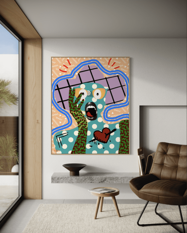 "Shattered Heart" canvas art by Henrix featuring a polka-dotted figure and arrow-pierced heart
